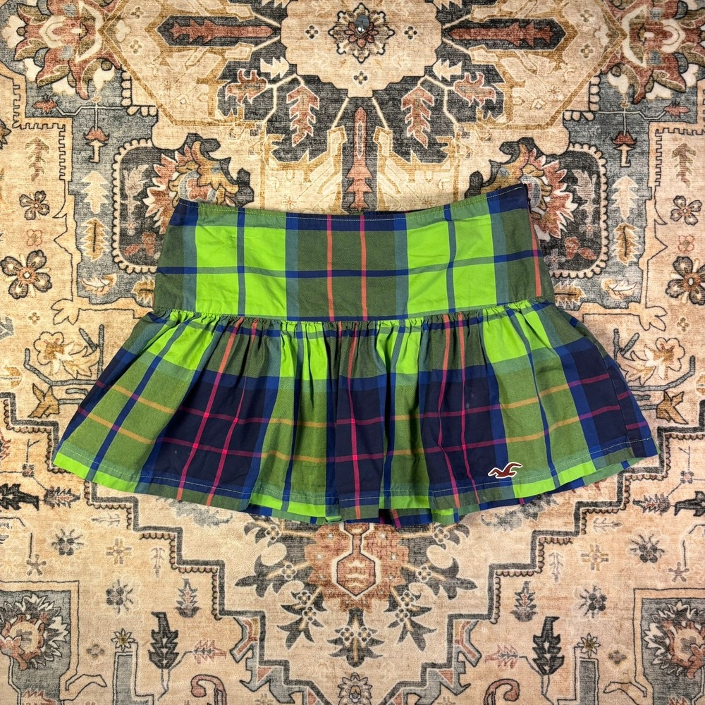 Vintage Hollister Navy Plaid Ruffle Mini Skirt School Girl Emo Grunge Size 9 Y2K